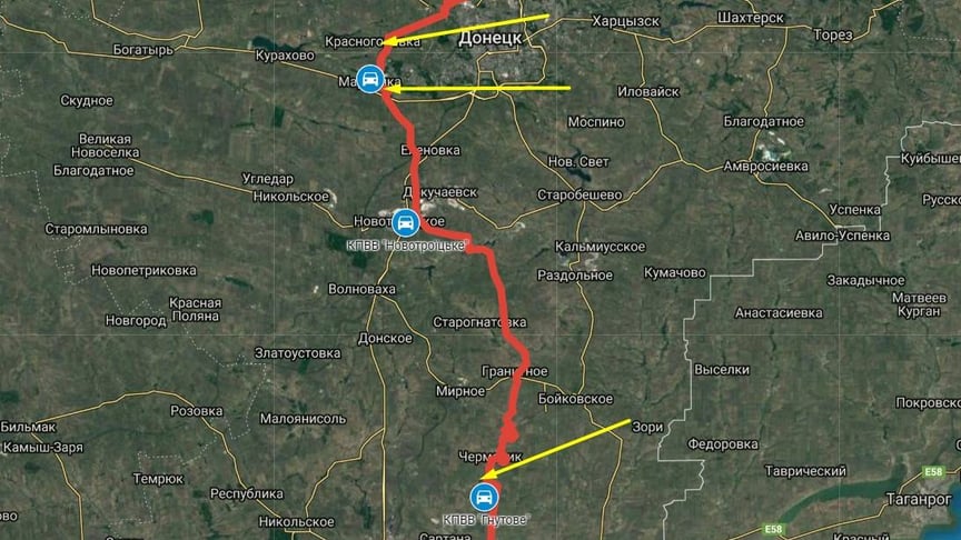Червоним позначено лінію зіткнення на Донбасі