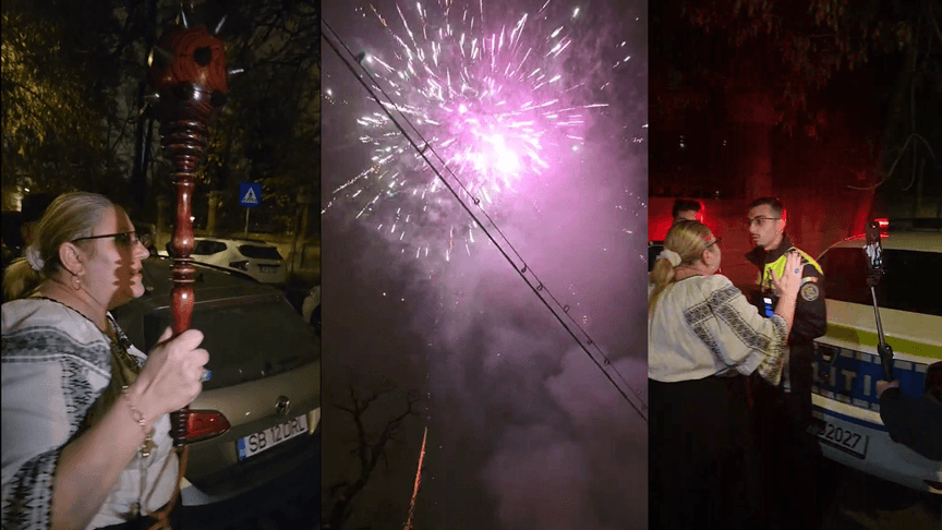 Колаж. Святкування Діани Йованович-Шошоаке, феєрверки та її розмова з поліцією