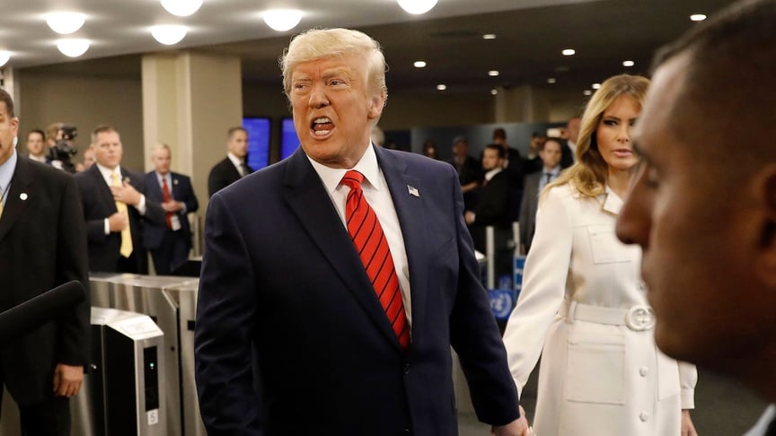US President Donald Trump (C) and his wife Melania Trump arrive at a UN General Assembly session in New York on September 24, 2019.
