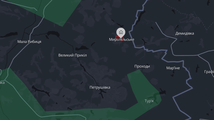 Миропільське на мапі Deepstate. Населений пункт розташований недалеко від кордону з рф