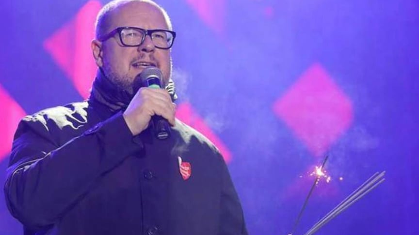 Gdansk mayor Paweł Adamowicz speaks at the Christmas charity concert in Gdansk on January 13, 2019, minutes before he was assassinated.
