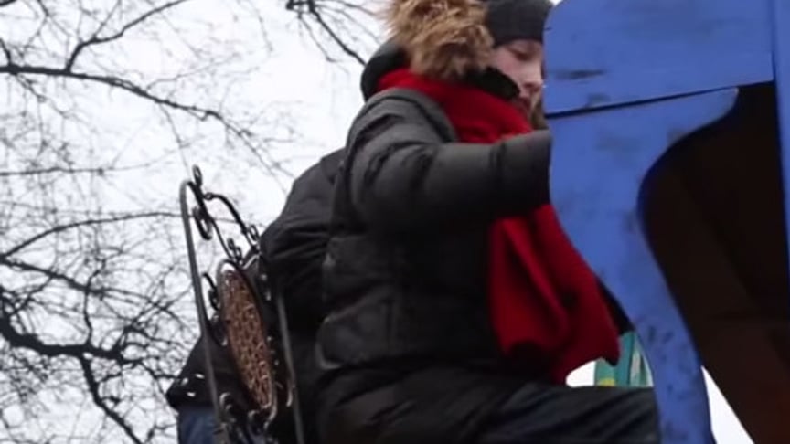 The Maidan Piano takes on the Police Boombox. February 10, 2014. Kyiv, Ukraine.