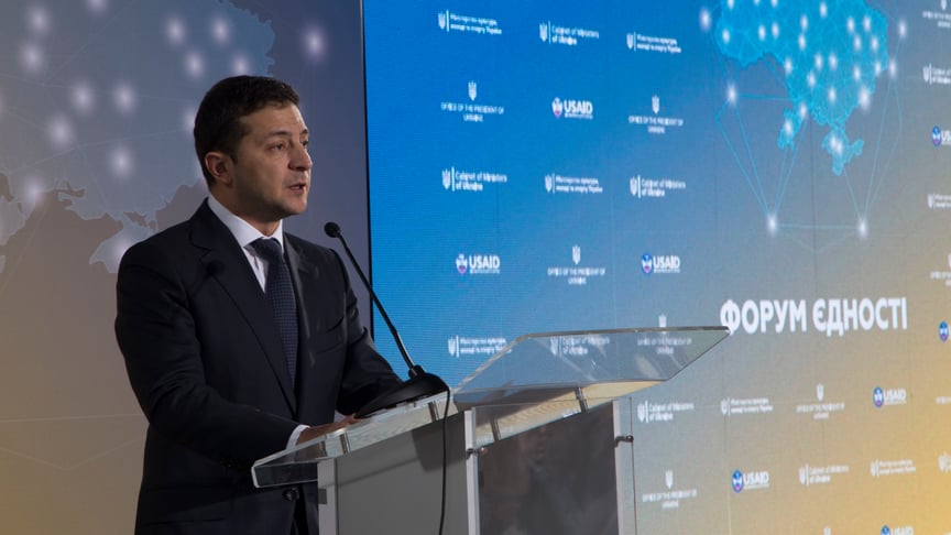 Zelenskyy speaks during the Unity Forum in Mariupol, eastern Ukraine on October 30.