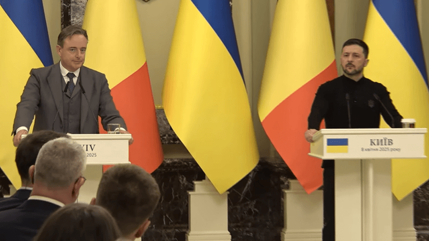 Прем'єр-міністр Бельгії Барт де Вевер на спільній пресконференції з президентом України Володимиром Зеленським, 8 квітня 2025 року, Київ Прем'єр-міністр Бельгії Барт де Вевер на спільній пресконференції з президентом України Володимиром Зеленським, 8 квітня 2025 року, Київ