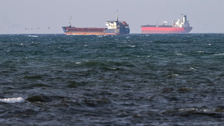 Судна Caffa (ліворуч) та Sea Owl I стали на якір біля Треллеборга, Швеція, 13 березня 2026 року