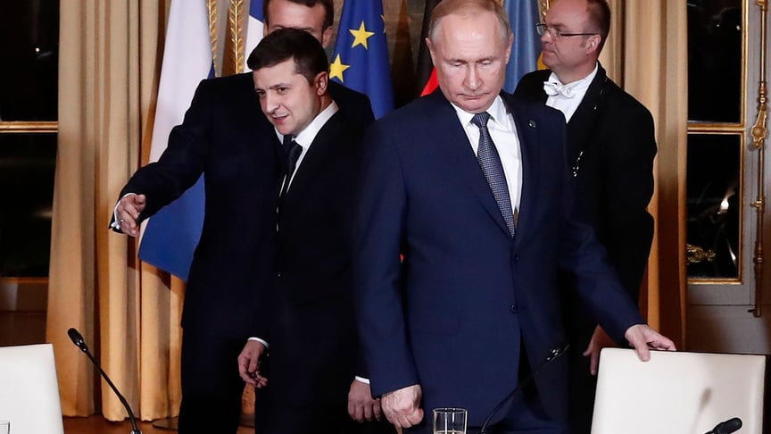 Президент України Володимир Зеленський, президент Росії Володимир Путін і президент Франції Еммануель Макрон, Париж, 9 грудня 2019 року