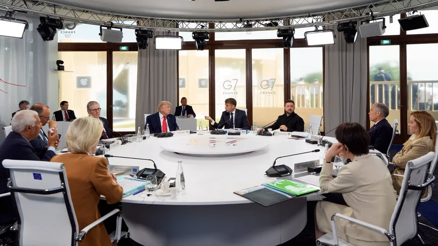 Leaders of the G7 countries and Ukrainian President Volodymyr Zelensky during a summit meeting in France, June 16, 2026