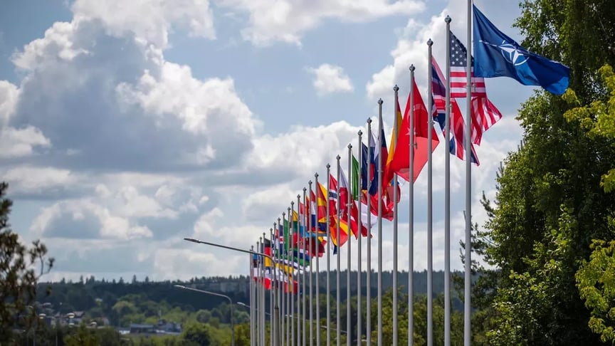 Flags of NATO member states fly outside the NATO summit venue in Vilnius, Lithuania, July 9, 2023.
