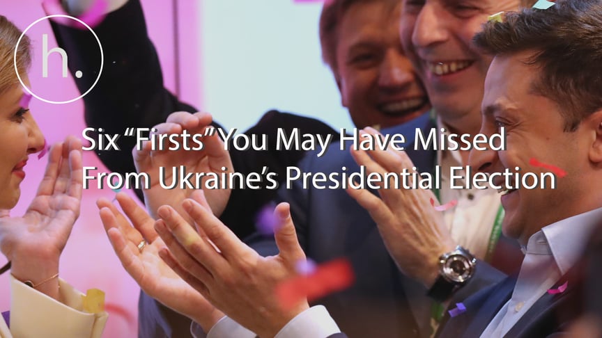 Ukrainian Presidential candidate Volodymyr Zelensky (R) and his wife, Olena Zelenska, (L) reacting at the briefing after the announcement of exit-poll during the Ukrainian presidential elections in Kyiv, Ukraine on April 21, 2019.