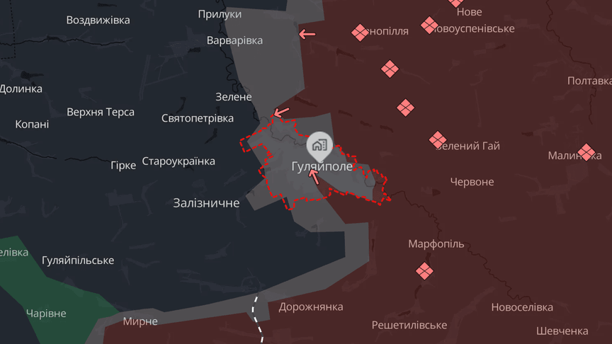 На мапі моніторингового проєкту DeepState Гуляйполе позначено як сіру зону