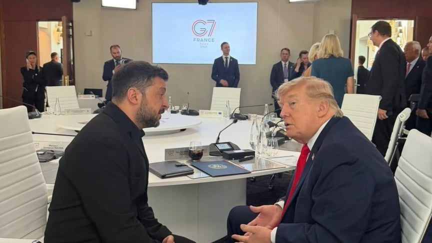 Президент України Володимир Зеленський та президент США Дональд Трамп під час зустрічі на полях саміту G7, Франція, 16 червня 2026 року Президент України Володимир Зеленський та президент США Дональд Трамп під час зустрічі на полях саміту G7, Франція, 16 червня 2026 року