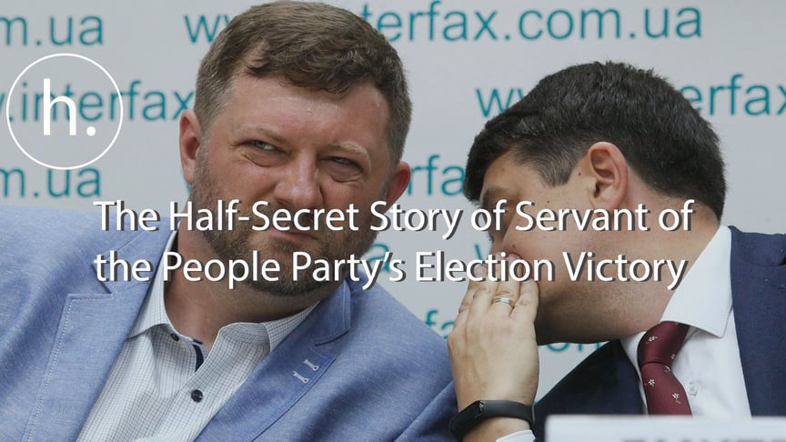 Head of the Servant of the People party electoral headquarters Oleksandr Korniyenko (left) and party leader Dmytro Razumkov during a press conference in Kyiv, Ukraine on May 27, 2019