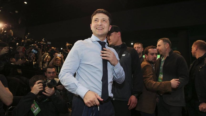 Кандидат на посаду президента України, актор Володимир Зеленський у штабі після оголошення результатів екзит-полів першого туру виборів, Київ, 31 березня 2019 року