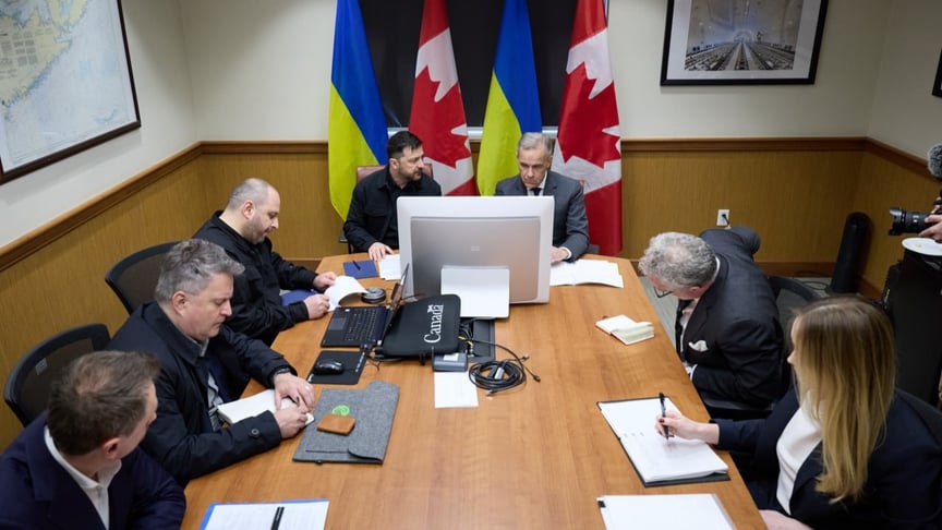 Президент України Володимир Зеленський та прем’єр-міністр Канади Марк Карні проводять онлайн-розмову з європейськими лідерами