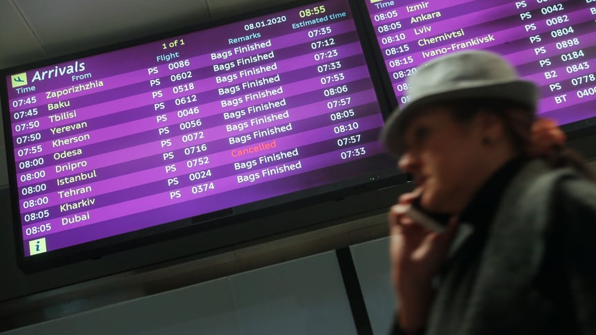 Screen at the Boryspil Airport in Ukraine shows the Tehran-Kyiv flight PS752 as cancelled on January 8.
