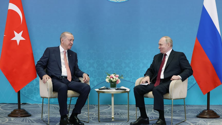 Президент Турции Реджеп Таип Эрдоган и глава России Владимир Путин во время встречи 3 июля 2024 года в Казахстане.