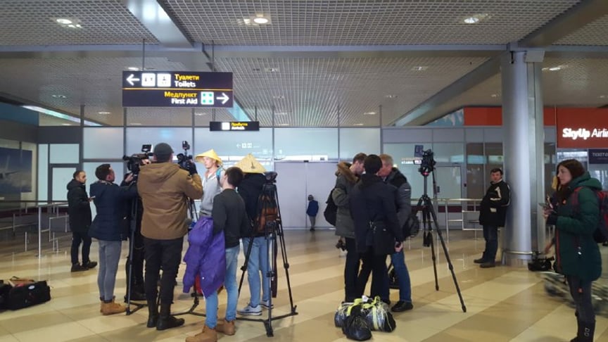 Evacuees from the Chinese island of Hainan are interviewed on their return to Ukraine. Boryspil, Ukraine, January 30, 2020.