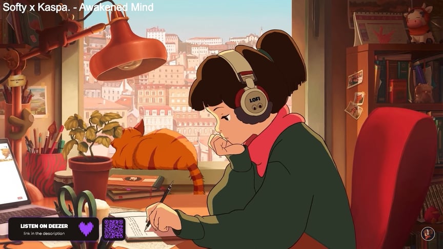 У трансляції Lofi Girl виконує домашнє завдання та час від часу дивиться у вікно, поки її кіт відпочиває поруч із нею