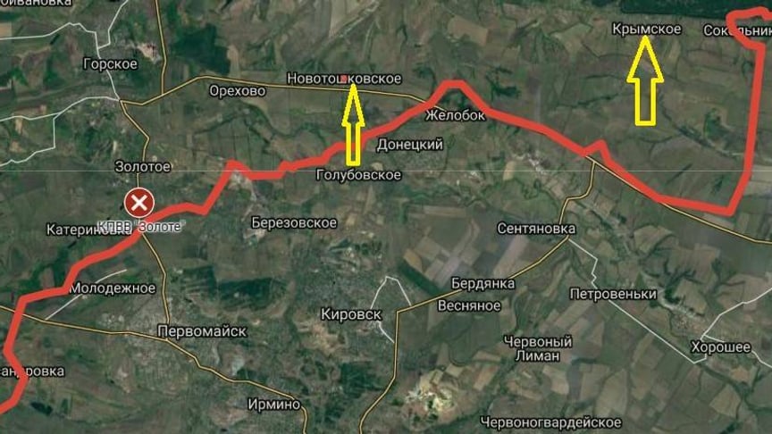 Червоним позначено лінію зіткнення на Донбасі