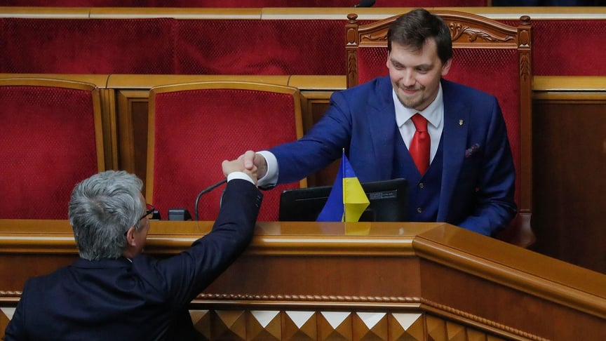 Ukrainian Prime Minister Oleksiy Honcharuk (right) at the first session of the Ukrainian Parliament of 9th convocation on August 29, 2019.