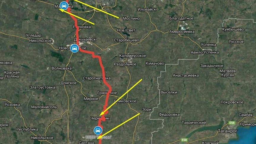 Червоним позначено лінію зіткнення на Донбасі