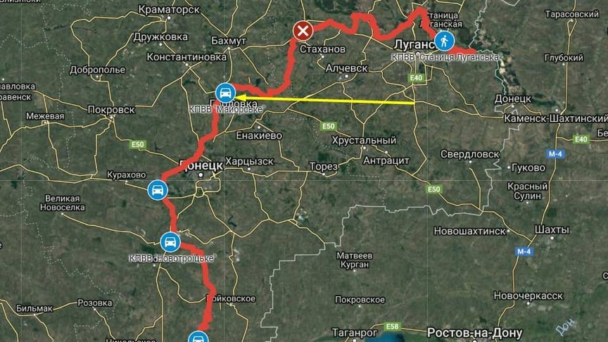 Червоним позначено лінію зіткнення на Донбасі