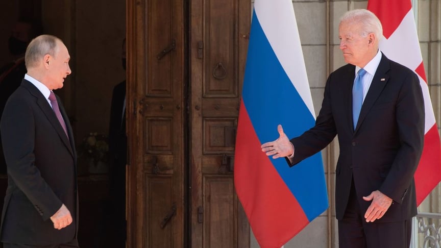 US President Joe Biden and Russian President Vladimir Putin arrive for the meeting at Villa La Grange in Geneva, Switzerland, on June 16, 2021