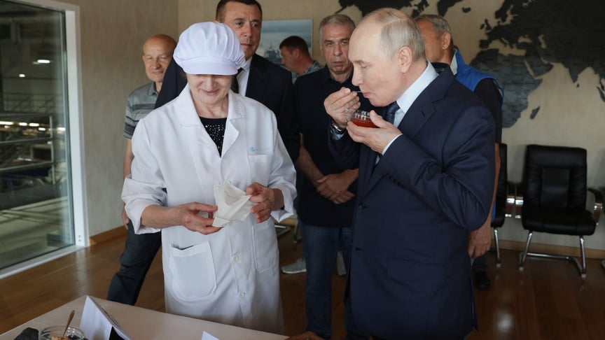 путін куштує ікру під час візиту на рибопереробний завод на острові Ітуруп путін куштує ікру під час візиту на рибопереробний завод на острові Ітуруп