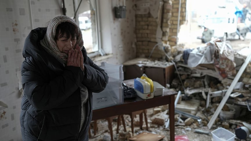 Halyna Panasyan, 69, in her destroyed house after a Russian missile attack. Hlevakha, Kyiv Oblast, January 26, 2023