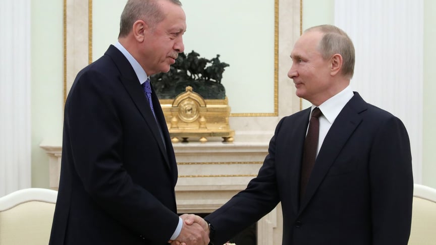 Президент Туреччини Реджеп Таїп Ердоган і президент Росії Володимир Путін перед перемовинами щодо останньої ескалації в сирійській провінції Ідліб у Москві, Росія, 5 березня 2020 року