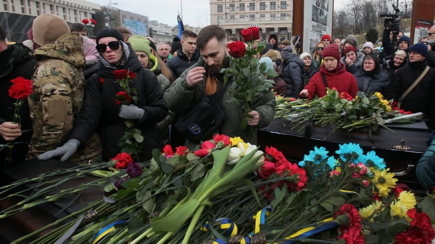 Церемонія прощання з українськими військовими Максимом Михайловим, Юрієм Горовцем, Тарасом Карпюком та Богданом Ляговим на майдані Незалежності в Києві, 7 березня 2023 року