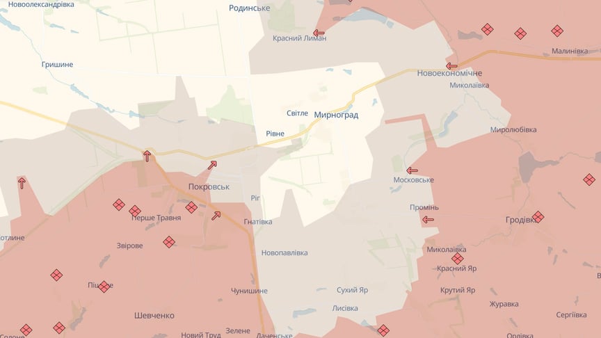 Покровск и Мирноград на карте мониторингового ресурса DeepState по состоянию на 20 ноября 2025 года