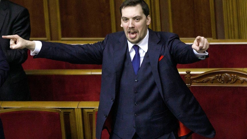 Ukrainian Prime Minister Oleksiy Honcharuk reacts during a parliamentary session on November 13, 2019.