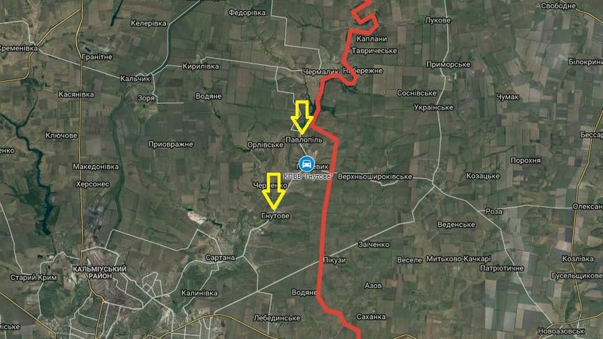 Червоним позначено приблизну лінію розмежування