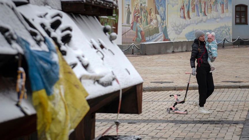 Жінка проходить повз виставку знищених російських танків і бронетехніки після снігопаду в центрі Києва, 17 листопада 2022 року