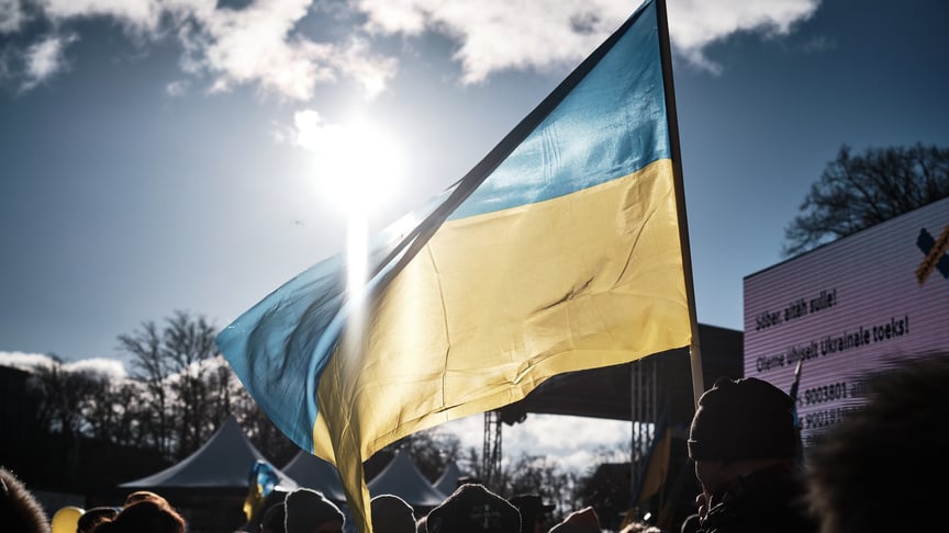Протестувальник тримає український прапор під час протесту проти вторгнення росії в Україну на площі Свободи в Таллінні, Естонія