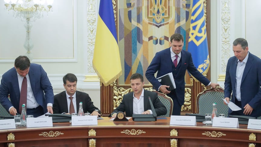 From left to right: Andriy Bohdan, Dmytro Razumkov, President of Ukraine Volodymyr Zelenskyy, Prime Minister Oleksiy Honcharuk, and Serhiy Shefir during a meeting at the Presidential office in Kyiv, Ukraine on September 2, 2019.
