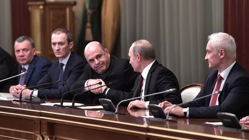 Russian president Vladimir Putin (right) shakes hands with with newly appointed prime minister Mikhail Mishustin during the first meeting with the members of the new Russian government. Moscow, Russia, January 21, 2020
