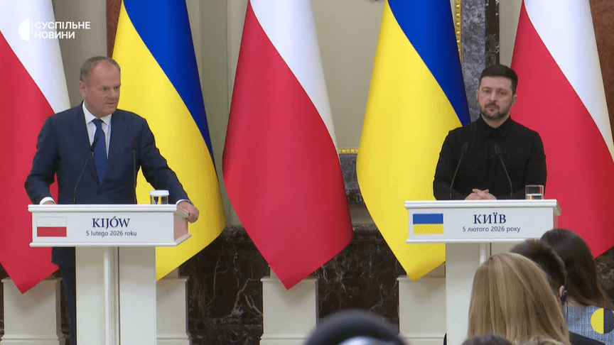 Премʼєр-міністр Польщі Дональд Туск та президент України Володимир Зеленський під час спільної пресконференції у Києві, 5 лютого 20226 року