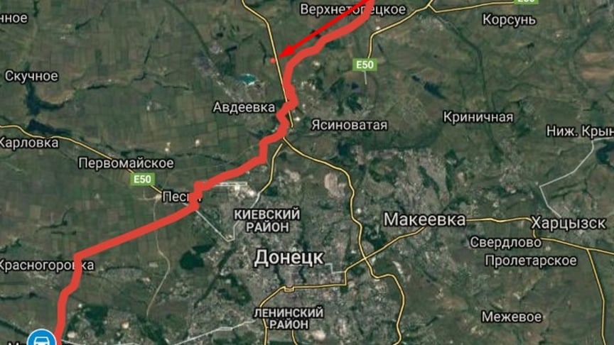 Червоним позначено лінію зіткнення на Донбасі