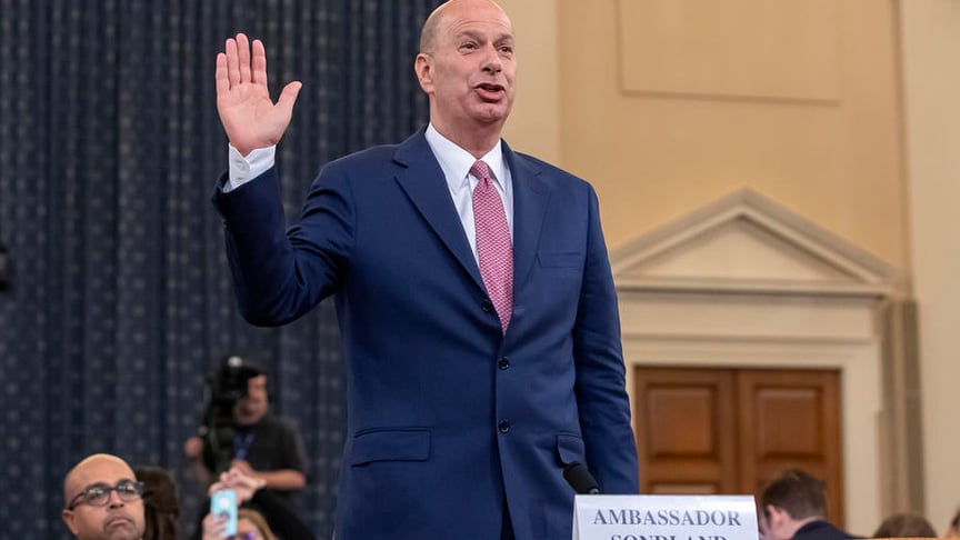 U.S. Ambassador to the European Union Gordon Sondland is sworn in during the House Permanent Select Committee on Intelligence public hearing on the impeachment inquiry into US President Donald J. Trump, on Capitol Hill in Washington, DC, USA on November 20, 2019.