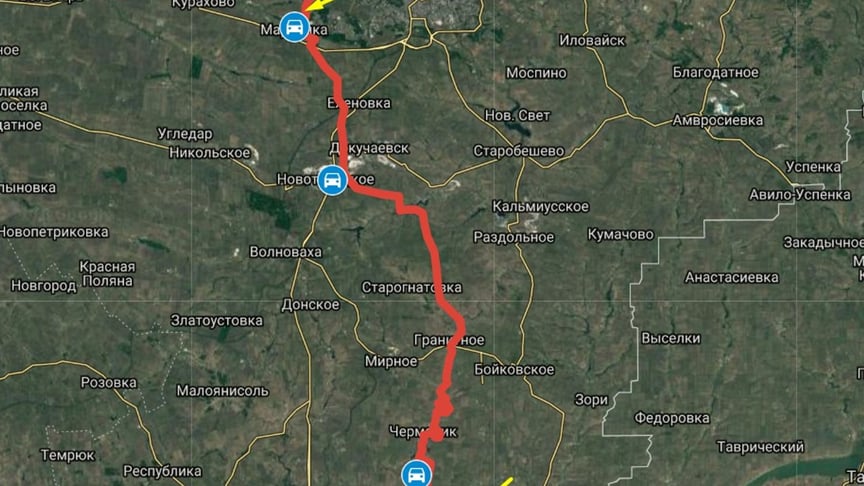 Червоним позначено лінію зіткнення на Донбасі