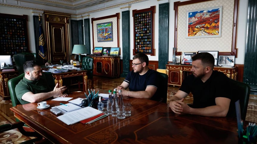 Президент Володимир Зеленський, голова НАБУ Семен Кривонос та очільник САП Олександр Клименко