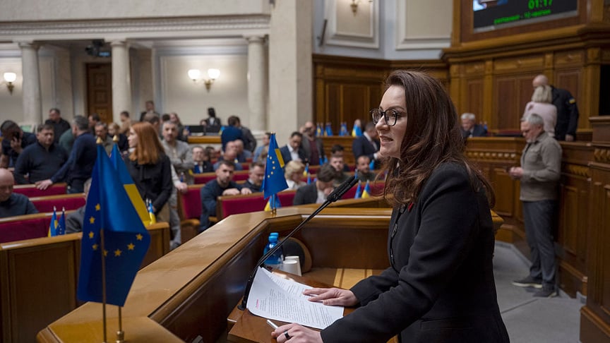 Міністерка економіки України Юлія Свириденко виступає у Верховній Раді перед ратифікацією україно-американської угоди про рідкісноземельні корисні копалини, 8 травня 2025 року