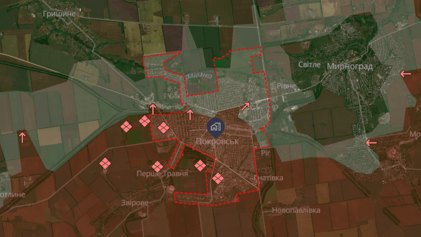 Ця карта показує ситуацію на Покровському напрямку