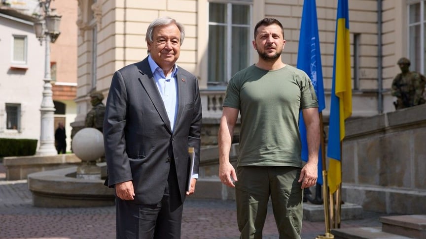 President of Ukraine Volodymyr Zelenskyi with UN Secretary-General António Guterres in Lviv, August 18, 2022