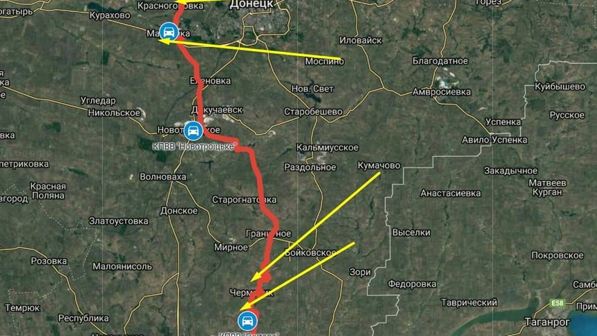 Червоним позначено лінію зіткнення на Донбасі