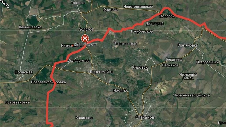 Червоним позначено лінію зіткнення на Донбасі