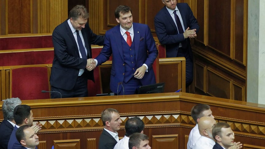 From left to right: Ukraine's Minister of Defense Andriy Zahorodnyuk, Prime Minister Oleksiy Honcharuk, and the Minister of Foreign Affairs Vadym Prystaiko at the first parliamentary session on August 29, 2019.