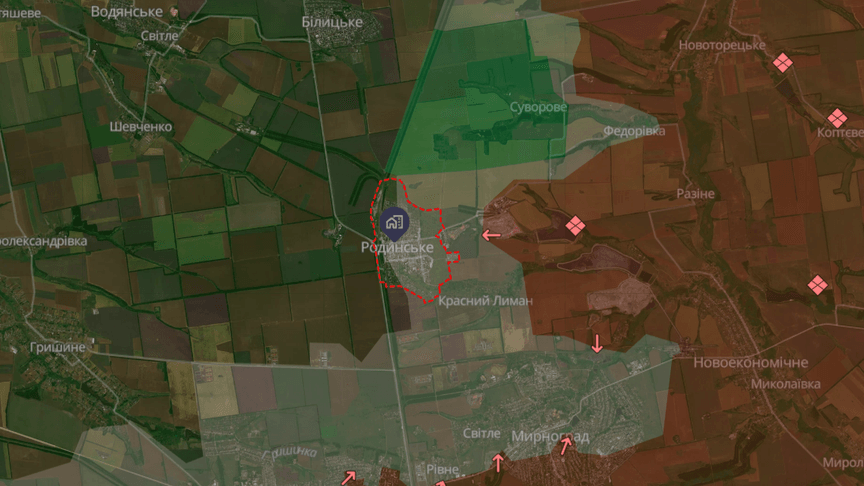 Ця карта демонструє ситуацію біля Родинського на Донеччині